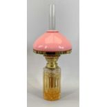 VICTORIAN CYLINDRICAL CUT GLASS OIL LAMP - single burner, pink glass conical shade, 47cms overall
