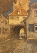 FRITZ BECKERT print - lady and geese on a cobbled street, 40 x 29cms and an assortment of wool