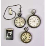 VINTAGE BASE METAL POCKET WATCHES (3) and a Bakelite cased Rolls Razor blade, the watches include