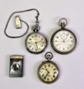 VINTAGE BASE METAL POCKET WATCHES (3) and a Bakelite cased Rolls Razor blade, the watches include