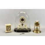 FRENCH ALABASTER MANTEL CLOCK - visible movement, white enamel chapter ring with black Roman