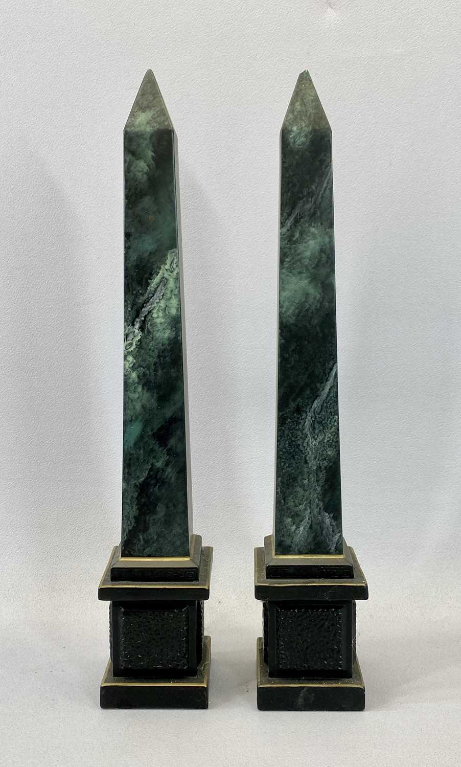 COMPOSITE OBELISKS, A PAIR - marble effect stamped 'Holkham England', 45cms H, marble effect - Image 3 of 4