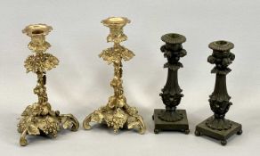 GILDED METAL CANDLESTICKS, A PAIR - 19th century, grape and vine leaf decoration on trefoil form