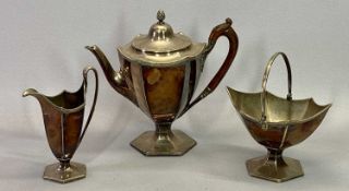 ELKINGTON & CO 3 PIECE SILVER PLATED TEASET - plain segmented form, pedestal teapot with cone lid