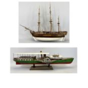 SCALE MODEL PADDLE STEAMER - SS Hjejlen - with green and red hull, on stand, 25cms H, 88cms L and