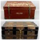 WOOD & METAL BANDED TRUNK, 31cms H, 81cms W, 47cms D and another storage box with 'Belling' print