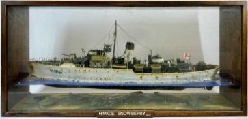 SCALE MODEL SHIP - 'HM CS Snowberry 1942', the hull painted cream and black, in glazed display case,