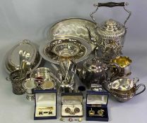 SILVER PLATED TABLEWARE, cutlery and a quantity of gentleman's cufflinks, stud badges, ETC, the