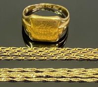 18CT GOLD SIGNET RING and two '750' stamped fine link necklaces, initailled monogram to the ring,