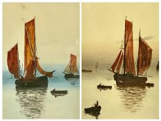 V HARDY watercolours, a pair - busy fishing boats on still waters, signed, 45.5 x 17.5cms