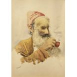 G GIANNI watercolour - bearded gentleman smoking his pipe titled 'contentment', signed, 41 x 29cms