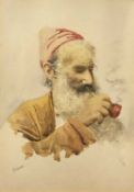 G GIANNI watercolour - bearded gentleman smoking his pipe titled 'contentment', signed, 41 x 29cms