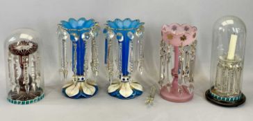 VICTORIAN GLASS LUSTRES, A PAIR & THREE SINGLES - blue and white pair, opaque glass with gilded