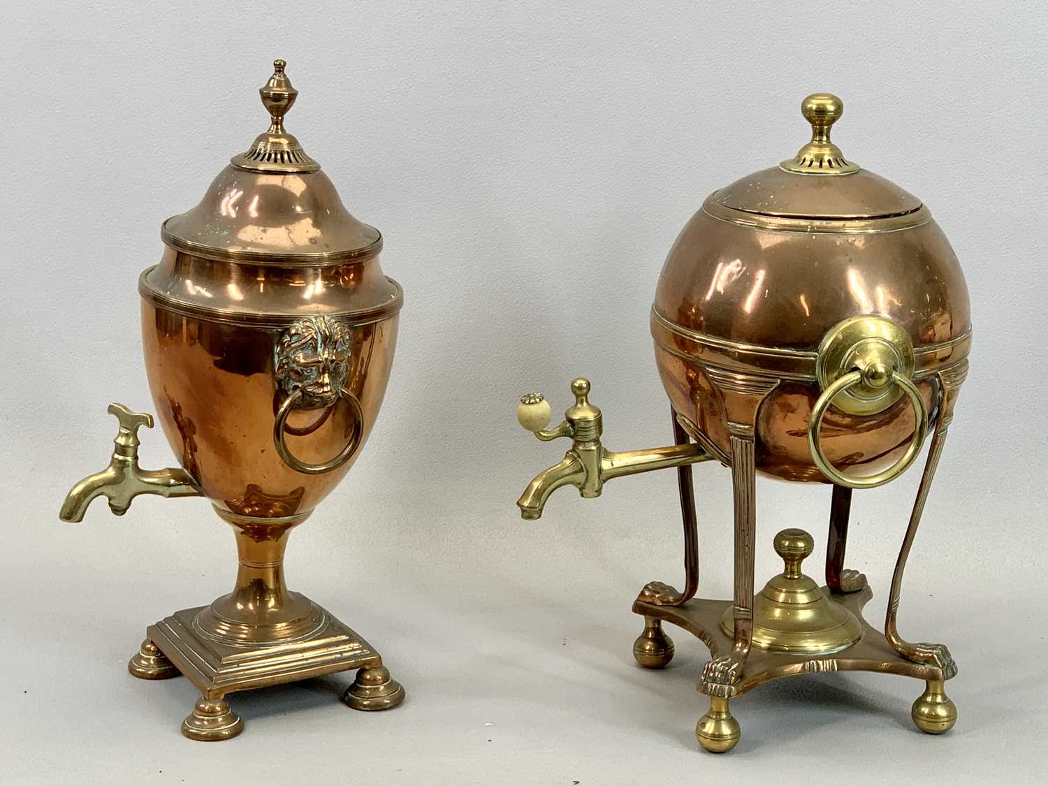 REGENCY COPPER SAMOVAR - spherical body with brass ring side handles, tap and finial, open stand - Image 2 of 2