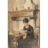 CAMILLE NICOLAS LAMBERT mixed media - a lady sewing, signed, 60 x 40cms