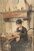 CAMILLE NICOLAS LAMBERT mixed media - a lady sewing, signed, 60 x 40cms