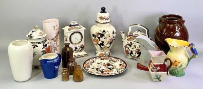 MASONS MANDALAY - lidded octagonal vase, 33cms H, teapot and cover, 23cms H, mantel clock, 24cms