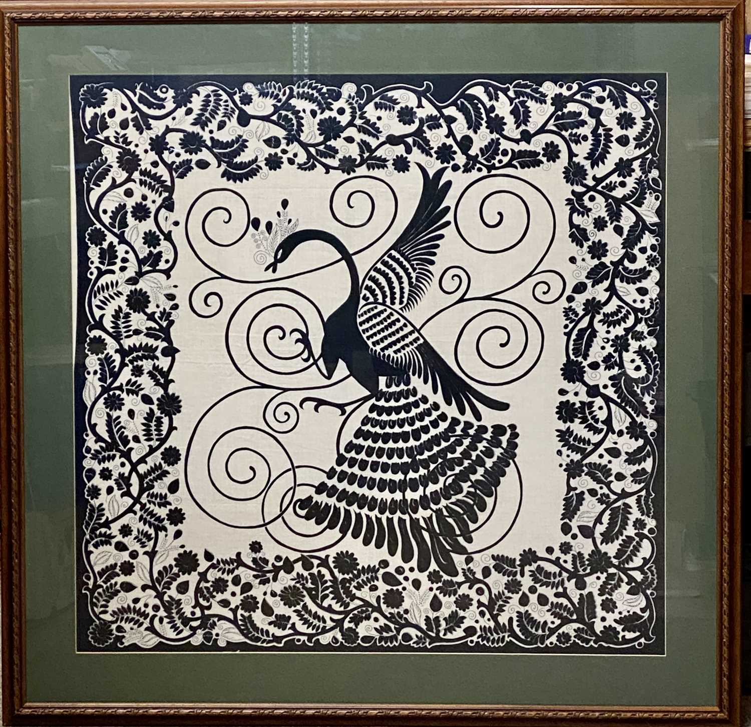 CHINESE SCREEN PRINT - in black and white depicting a peacock within a floral border, 81 x 82cms - Image 2 of 2