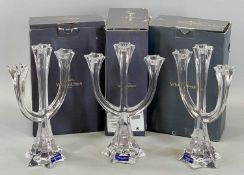 VILLEROY & BOCH 'LUCCA' GLASS 3 BRANCH CANDLESTICKS (3) - 30cms H, boxed