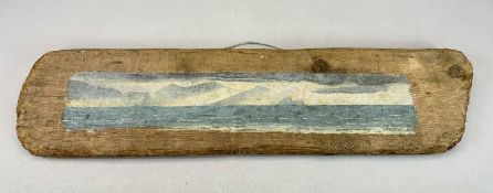 TONY CHANCE 01 painting on a driftwood panel - panoramic view of Snowdonia from across the Menai