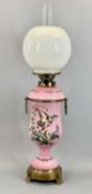 VICTORIAN PINK OPAQUE GLASS OIL LAMP - with gilded metal mounts, hand painted decoration with bird