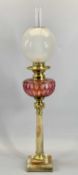 VICTORIAN OIL LAMP - alabaster column on square stepped base with gilded metal mounts, circular pink