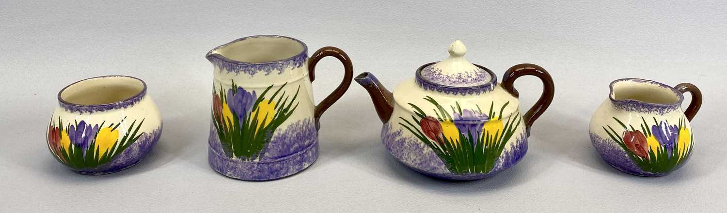 A LONGPARK TORQUAY EARTHENWARE 4 PIECE TEA SERVICE - painted with crocus, teapot 11cms H, china - Image 4 of 7