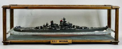 SCALE MODEL BATTLESHIP - 'USS Missouri 1941', with black and red hull, in pine framed display