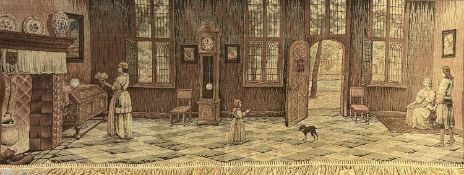 TAPESTRY of a Dutch interior scene with figures, dogs, longcase clock, furniture, etc, unsigned