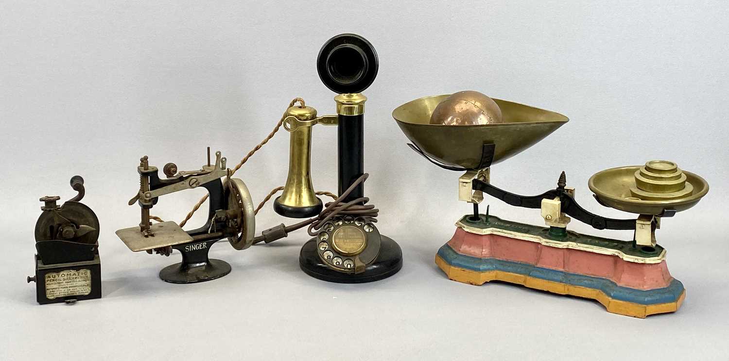 VINTAGE BAKELITE CANDLESTICK TELEPHONE - with brass fittings, painted metal pan scales with brass