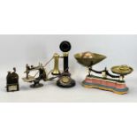 VINTAGE BAKELITE CANDLESTICK TELEPHONE - with brass fittings, painted metal pan scales with brass