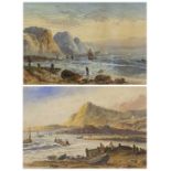 L LEWIS (British 1826 - 1913) watercolours, a pair - South Coast rocky shorelines with boats and