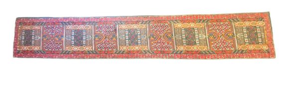 CREWEL WORK WOOL CARPET RUNNER - multi-coloured geometric design, 366 x 62cms