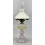 VICTORIAN PINK OPAQUE GLASS OIL LAMP - Gaudard single burner, conical white opaque glass shade,