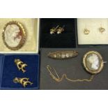 9CT GOLD HALLMARKED CAMEO BROOCH, three pairs of gold earrings, the seed pearl pair appear