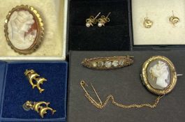 9CT GOLD HALLMARKED CAMEO BROOCH, three pairs of gold earrings, the seed pearl pair appear