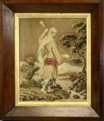 19TH CENTURY NEEDLEWORK TAPESTRY - figure alongside a stream, in a rosewood frame, 58 x 50cms