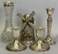 SILVER CANDLESTICKS, A PAIR 7.5cms H, a single candlestick, 15.5cms H, silver top glass vase,