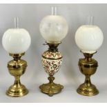 VICTORIAN OIL LAMP - removable reservoir and column in floral enamelled ceramic, ornate gilded metal