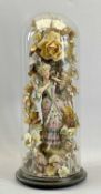 VICTORIAN PORCELAIN FIGURE OF A YOUNG LADY amongst ornate artificial display, in a glass dome on