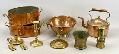 OVAL COPPER PANS, A PAIR - 19th century with brass side handles, 11 x 26 x 17.5cms excluding