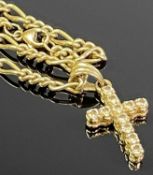 9CT GOLD PASTE SET PENDANT CROSS - on a 9ct gold fetter link necklace, 31.5cms overall L, 19.5grms