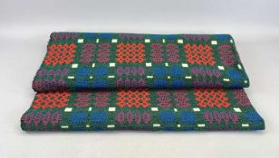 WELSH WOOLLEN BLANKET - double sided geometric pattern in green, blue, purple and red, 215 x 142cms