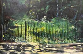 JOHN CHERRINGTON oil on board - fence and woodland, signed and dated '76, 60 x 90cms