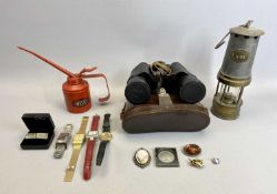 PATTISON LAMPS LTD BRASS & STEEL MINER'S LAMP No 476, 27cms H, Frank-Nipole 10 x 50 field binoculars