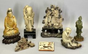 CHINESE CARVED SOAPSTONE FIGURINES & ORNAMENT COLLECTION - including Shoulao standing on a black