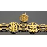 UNMARKED - BELIEVED 14CT GOLD CHINESE BRACELET and a single similar design stud earring, the