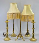 GOOD QUALITY BRASS TABLE LAMPS, A PAIR - with stepped octagonal bases, slender telescopic baluster