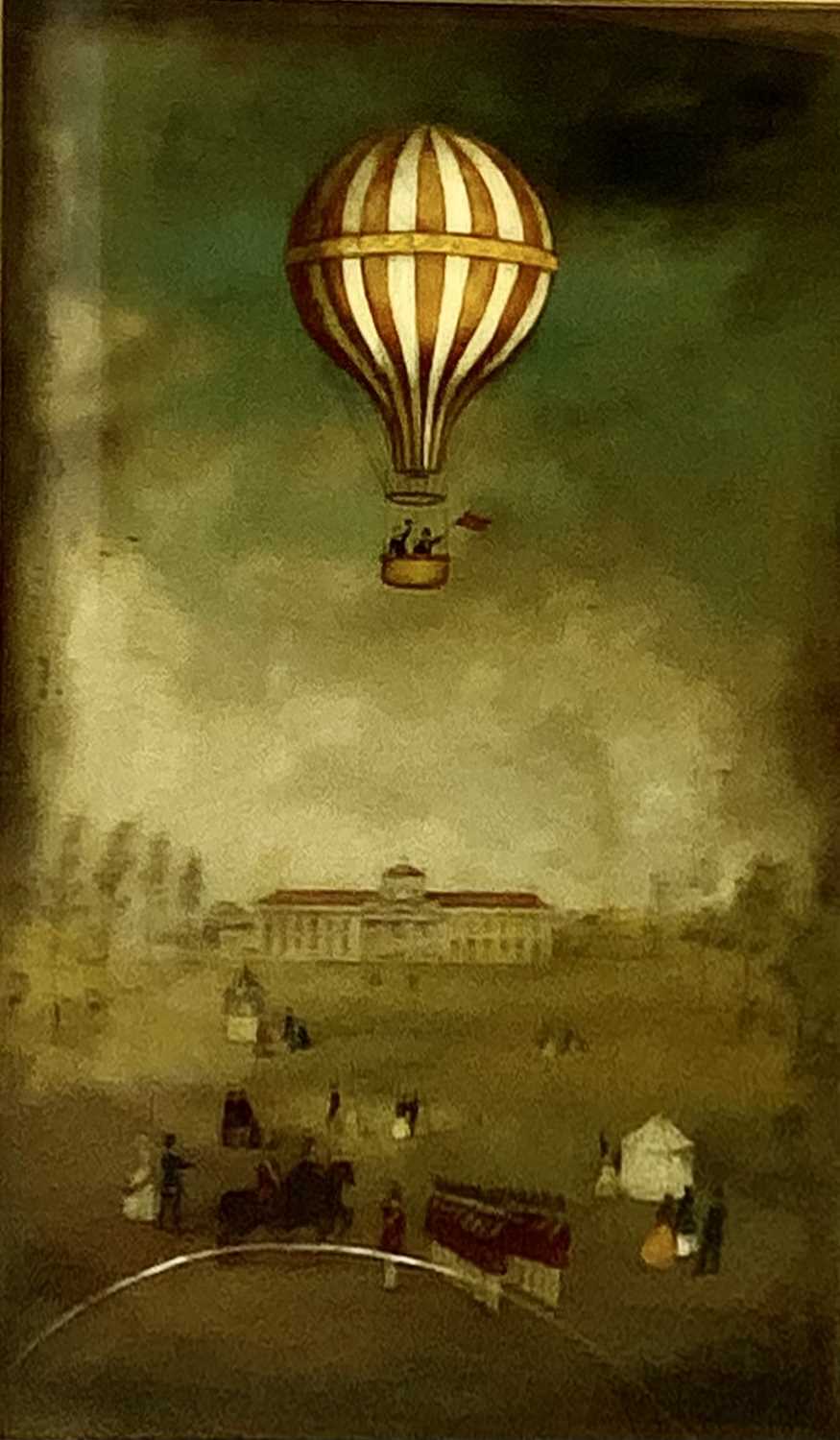 VINTAGE PRINTS, A PAIR - Victorian hot air balloons above gatherings, 79 x 48cms, a framed tapestry, - Image 3 of 7