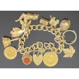 9CT GOLD CHARM BRACELET WITH PADLOCK CLASP & SAFETY CHAIN holding 11 items to include a George V